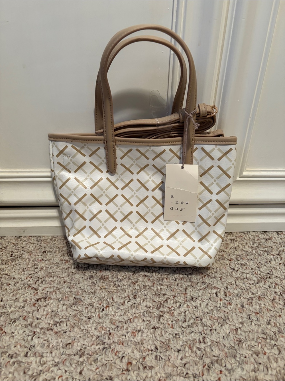 a new day White and Tan Lattice Mini Tote